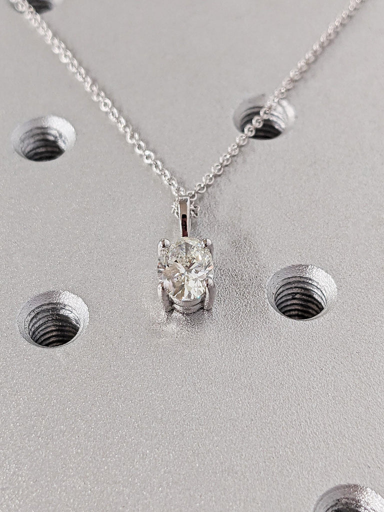 Classic Solitaire Lab Grown Diamond Necklace, Oval Cut White Gold Diamond Pendant, 14K 18K White Gold Eco-Friendly Diamond, Layered Necklace