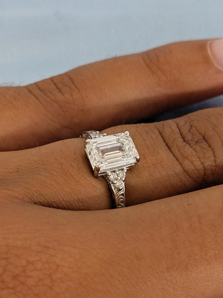 Emerald Cut Moissanite Engagement Ring, 14k White Gold Ring, Filigree Moissanite Rings, Moissanite Cluster Ring, Wedding Anniversary Gift