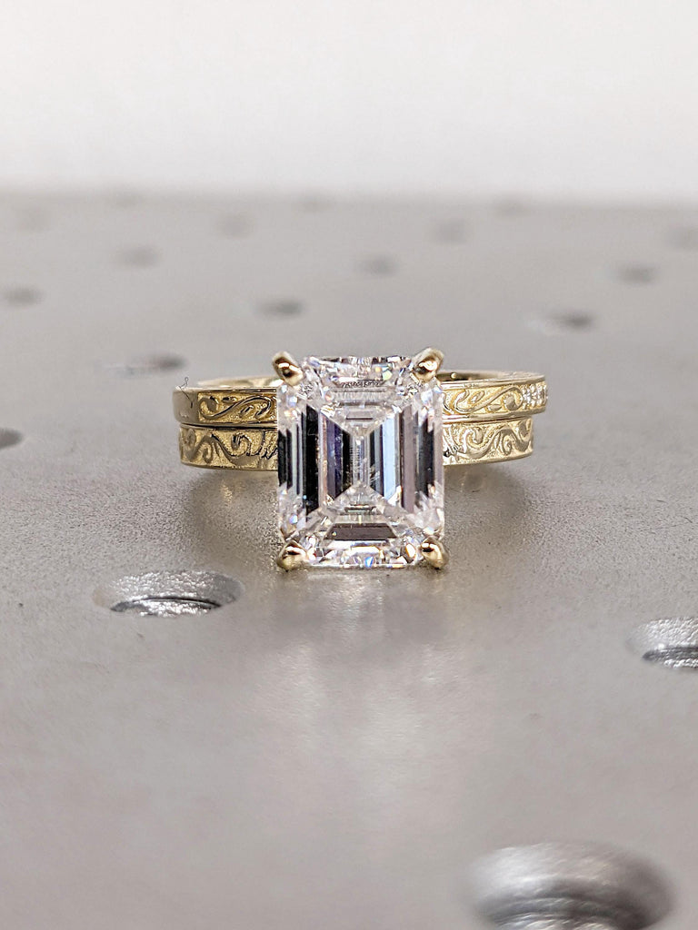 14k Yellow Gold 3ct Moissanite Solitaire Stacking Ring Set | Emerald cut Vintage Engagement Ring for Her | Pave Diamond Filigree Wedding Ring