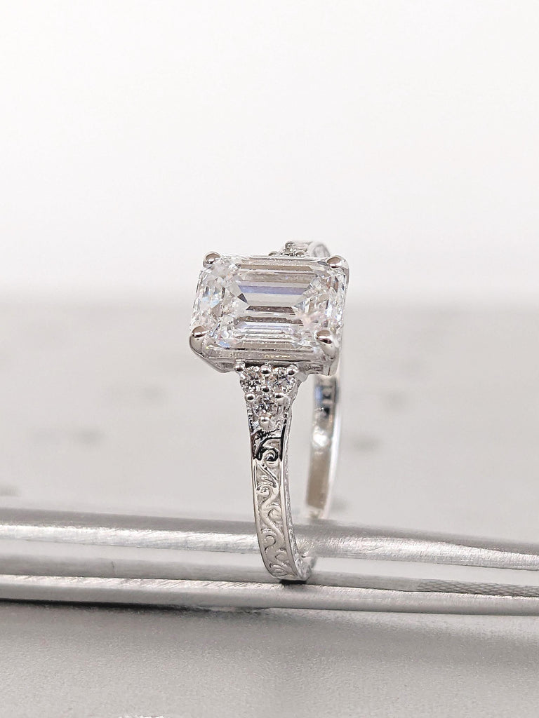 Emerald Cut Moissanite Engagement Ring, 14k White Gold Ring, Filigree Moissanite Rings, Moissanite Cluster Ring, Wedding Anniversary Gift