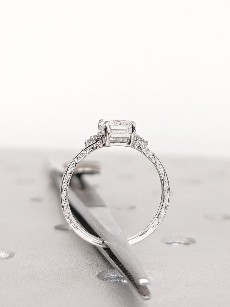 Emerald Cut Moissanite Engagement Ring, 14k White Gold Ring, Filigree Moissanite Rings, Moissanite Cluster Ring, Wedding Anniversary Gift