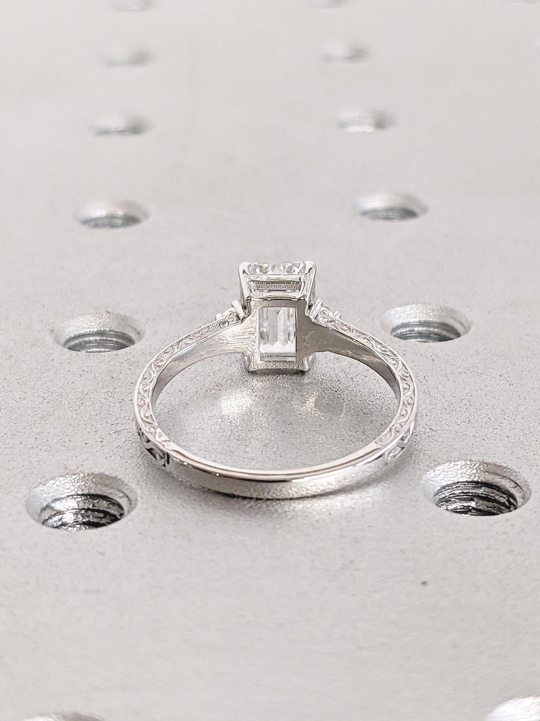 Emerald Cut Moissanite Engagement Ring, 14k White Gold Ring, Filigree Moissanite Rings, Moissanite Cluster Ring, Wedding Anniversary Gift