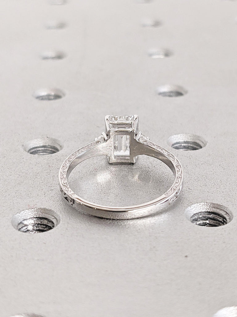 Art Deco Moissanite Ring, Emerald Cut Engagement Ring, White Gold Ring, Diamond Cluster Ring, Gold Filigree Ring, Handmade Rings for Women