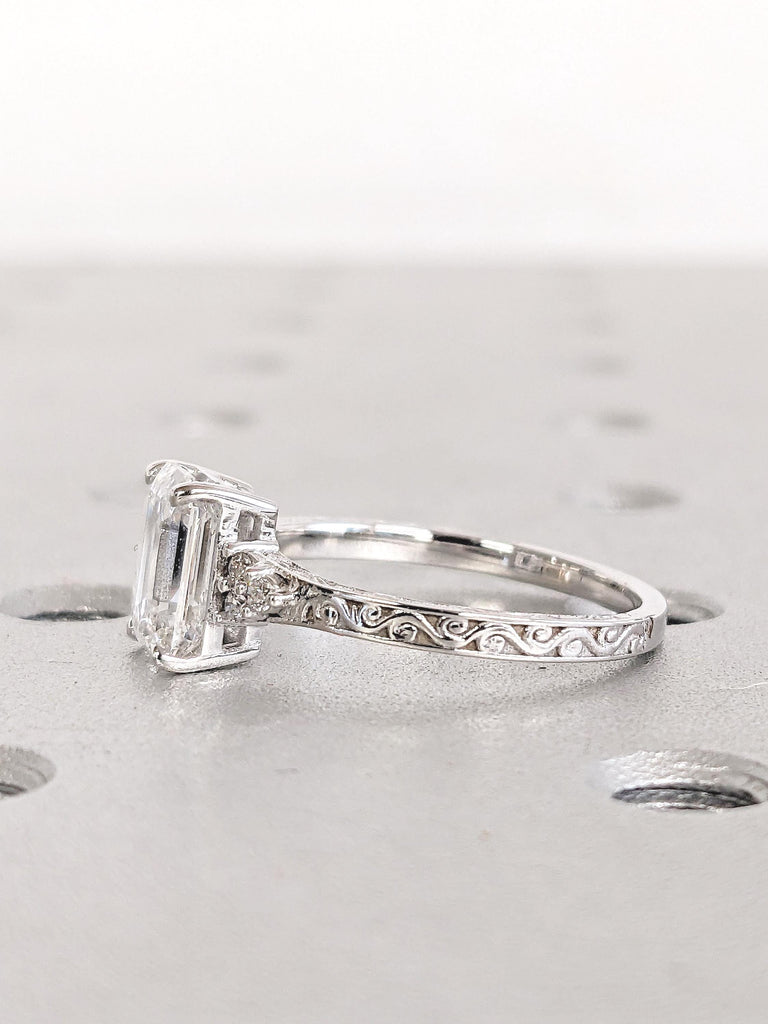 Emerald Cut Moissanite Engagement Ring, 14k White Gold Ring, Filigree Moissanite Rings, Moissanite Cluster Ring, Wedding Anniversary Gift