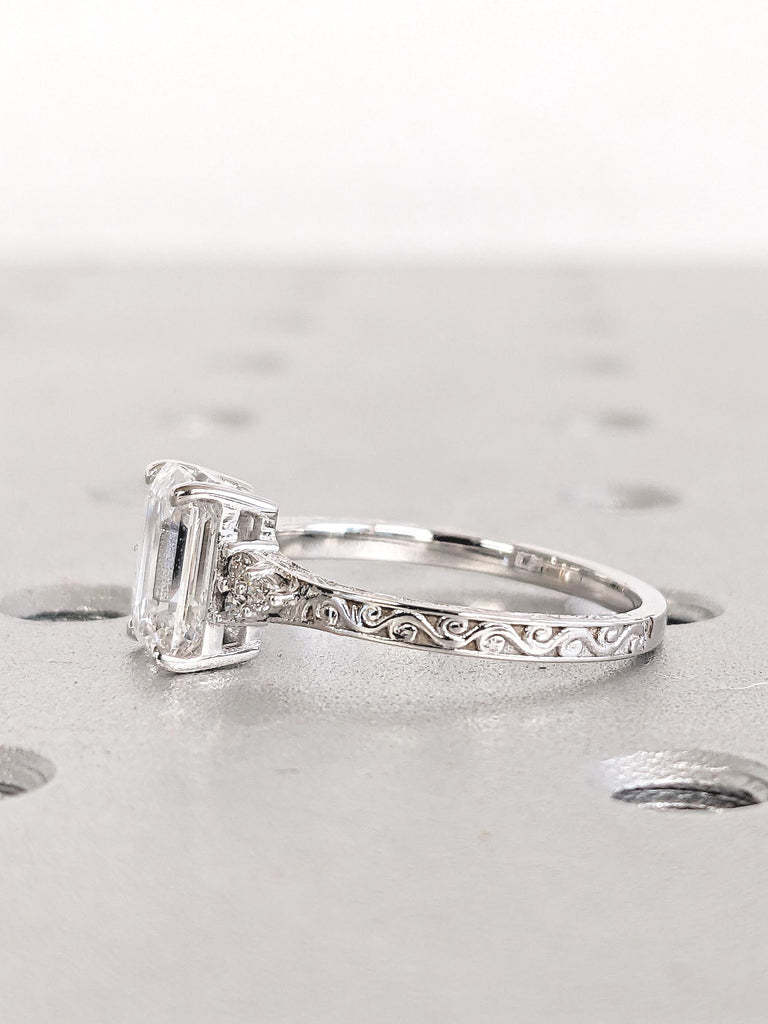 Art Deco Moissanite Ring, Emerald Cut Engagement Ring, White Gold Ring, Diamond Cluster Ring, Gold Filigree Ring, Handmade Rings for Women
