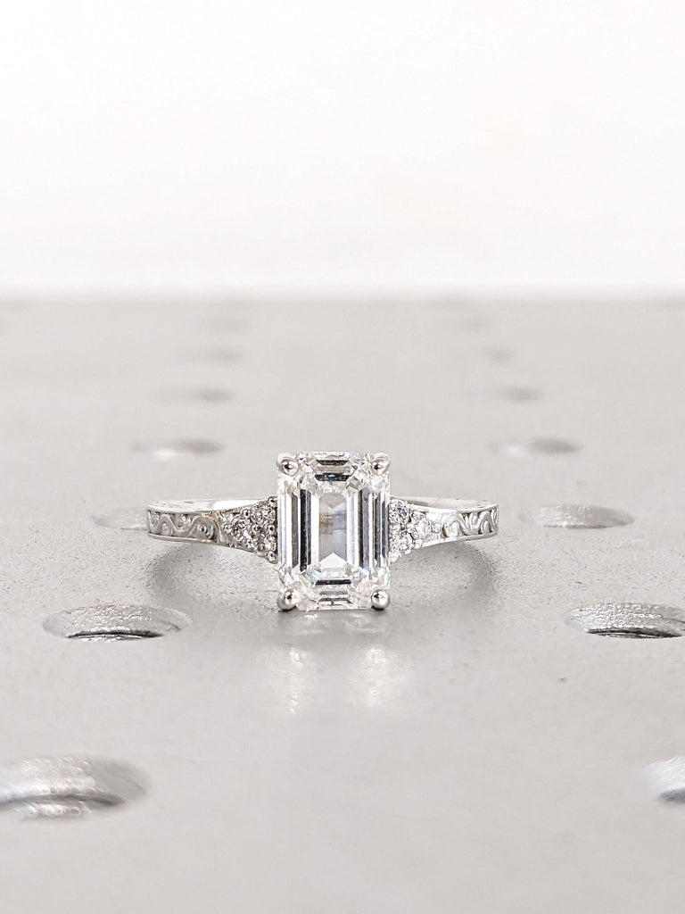 Emerald Cut Moissanite Engagement Ring, 14k White Gold Ring, Filigree Moissanite Rings, Moissanite Cluster Ring, Wedding Anniversary Gift