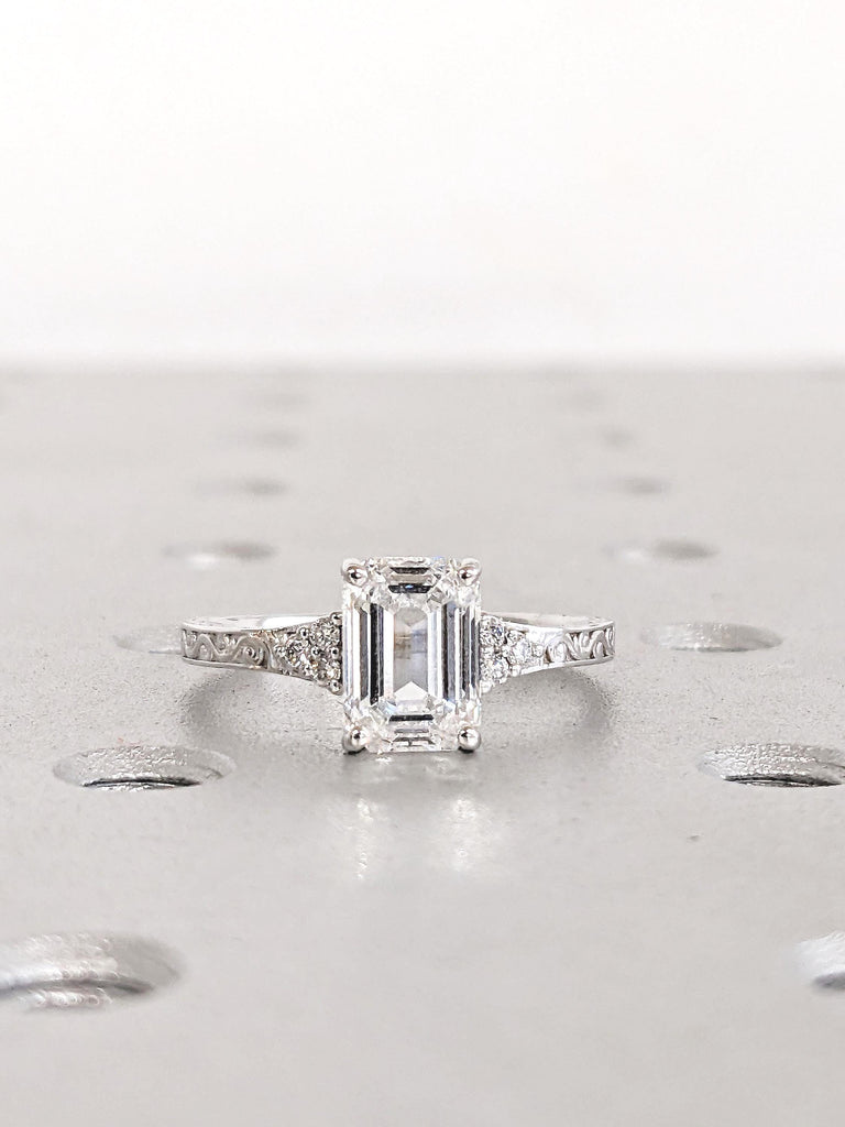 Art Deco Moissanite Ring, Emerald Cut Engagement Ring, White Gold Ring, Diamond Cluster Ring, Gold Filigree Ring, Handmade Rings for Women