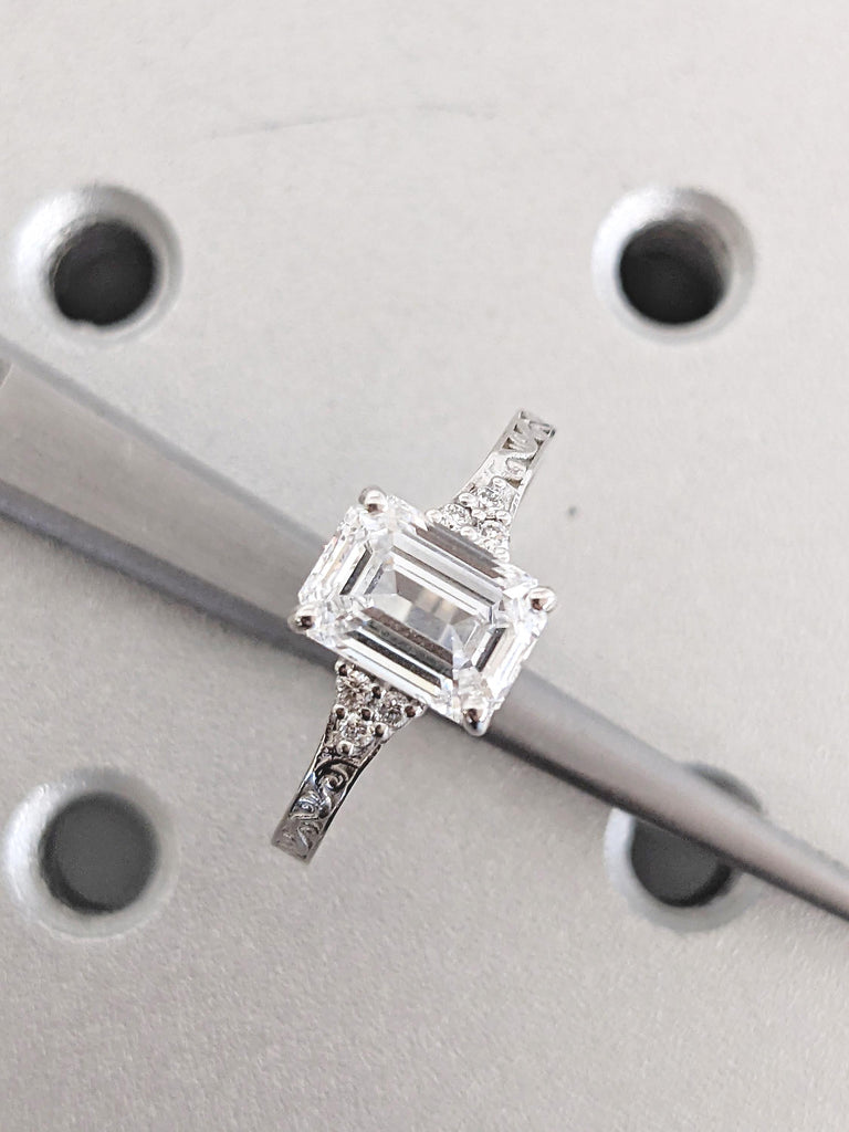 Lab Grown Diamond Emerald Cut Engagement Ring, 14k Gold Promise Ring, Cluster Diamond Ring, Lab Created Diamond Wedding Ring, Bridal Gift