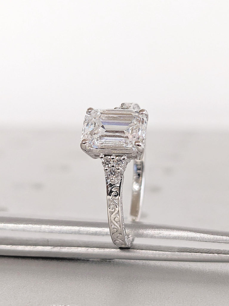 Lab Grown Diamond Emerald Cut Engagement Ring, 14k Gold Promise Ring, Cluster Diamond Ring, Lab Created Diamond Wedding Ring, Bridal Gift