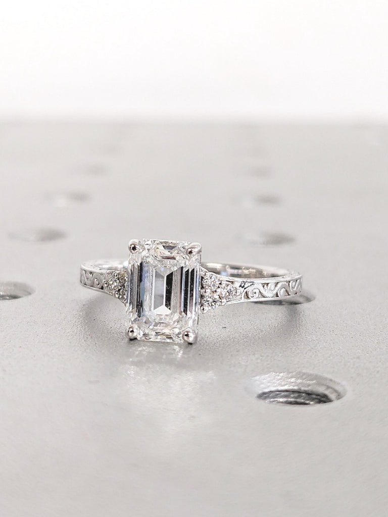 Lab Grown Diamond Emerald Cut Engagement Ring, 14k Gold Promise Ring, Cluster Diamond Ring, Lab Created Diamond Wedding Ring, Bridal Gift image #5