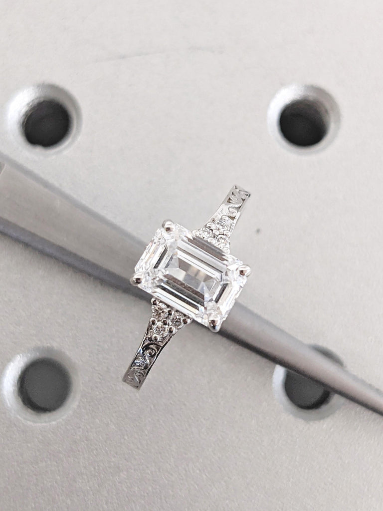 Emerald Cut Moissanite Engagement Ring, 14k White Gold Ring