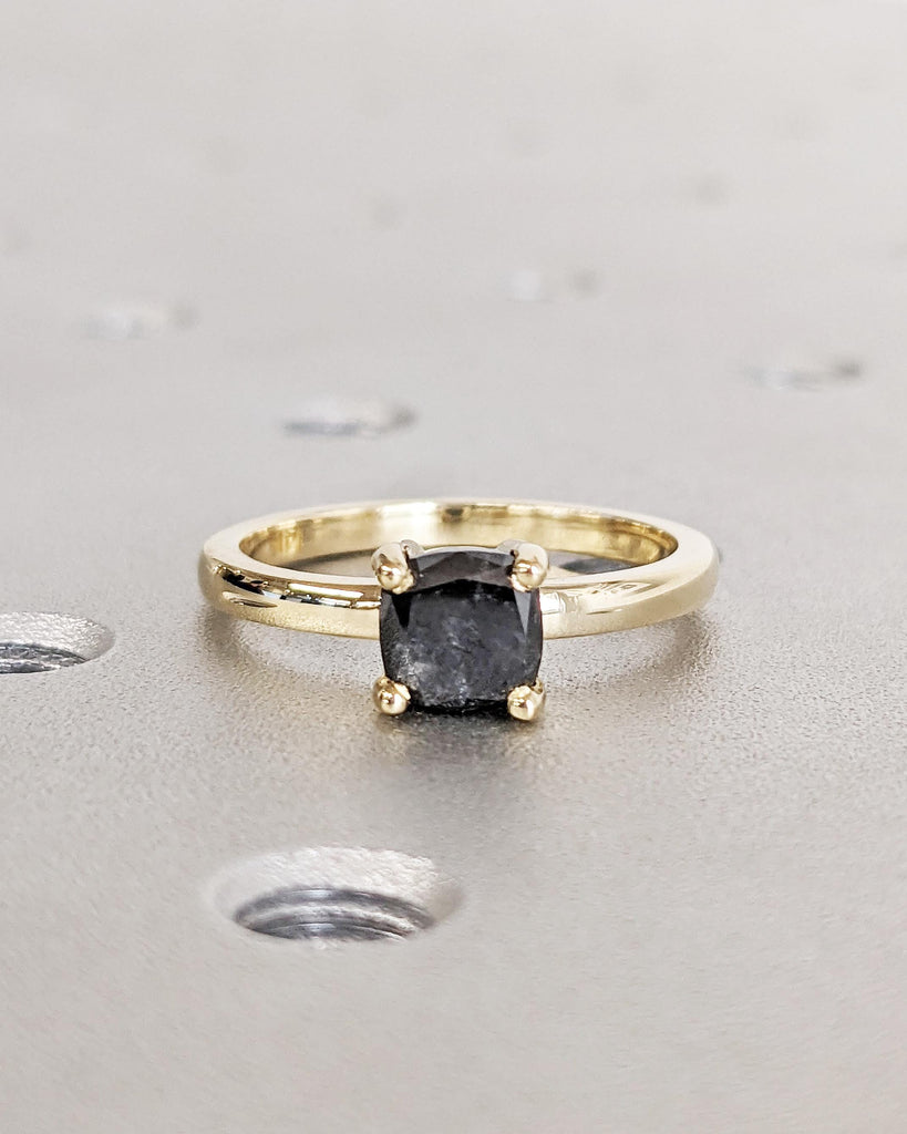 1920's Raw Salt and Pepper Diamond, Rose Cut Cushion Diamond Ring, Unique Engagement, Black, Gray Pear, 14k Yellow, Rose, or White Gold