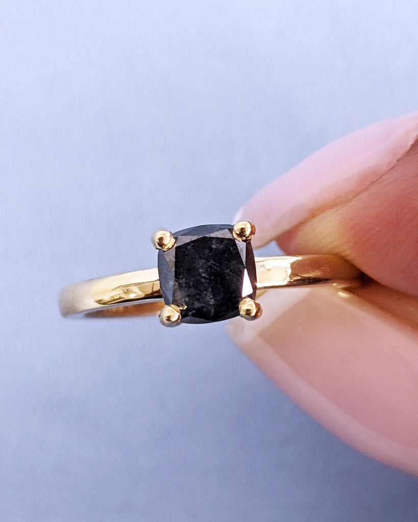 1920's Raw Salt and Pepper Diamond, Rose Cut Cushion Diamond Ring, Unique Engagement, Black, Gray Pear, 14k Yellow, Rose, or White Gold