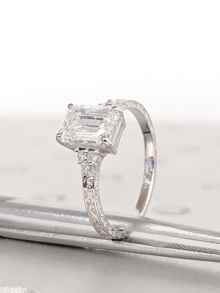 Unique Lab Diamond Ring, Vintage Engagement Ring, 14k White Gold Statement Ring, 1.5ct Emerald Cut Diamond Ring, Cluster Ring, Gift for Wife