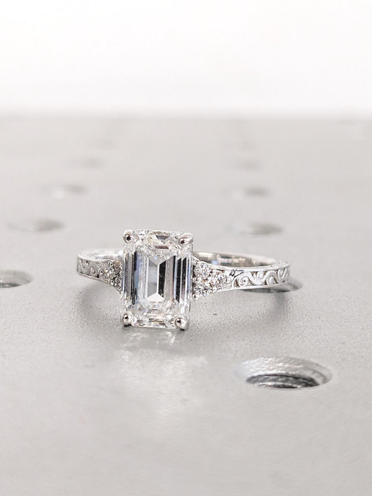 1.5ct Emerald Cut Lab Grown Diamond Engagement Ring, Personalized Statement Ring, Filigree Ring, 14k Gold Wedding Ring, Unique Gift for Mom