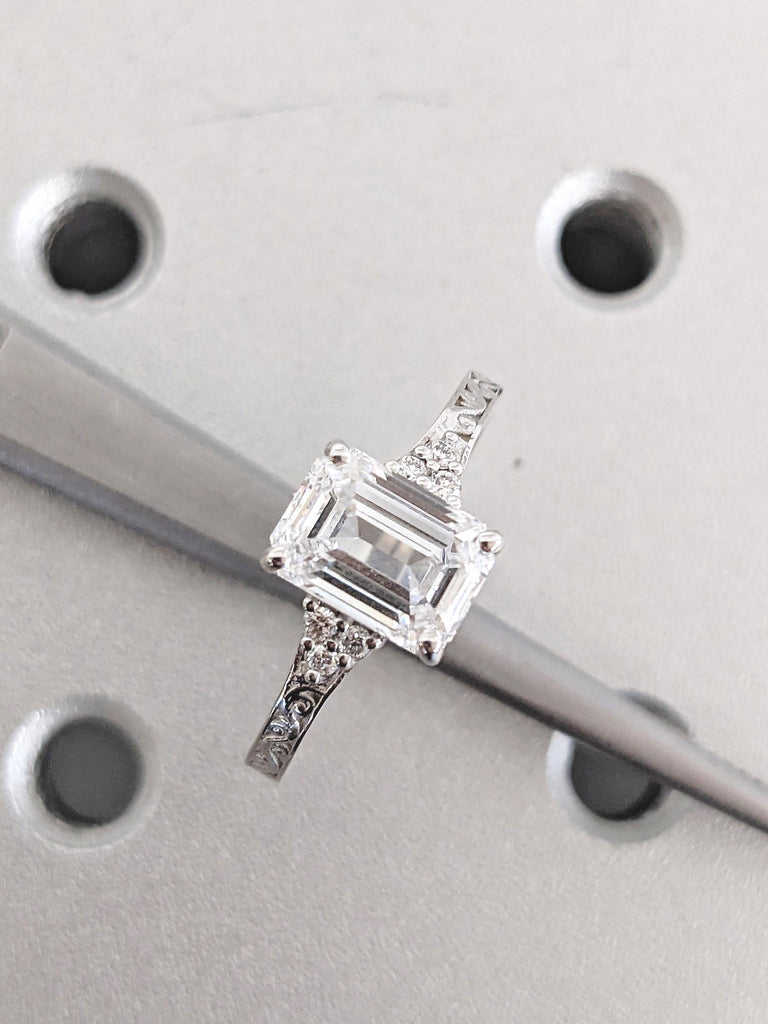 Statement Ring, 1.5ct Emerald Cut Diamond Ring, Cluster Ring, Gift for Wife