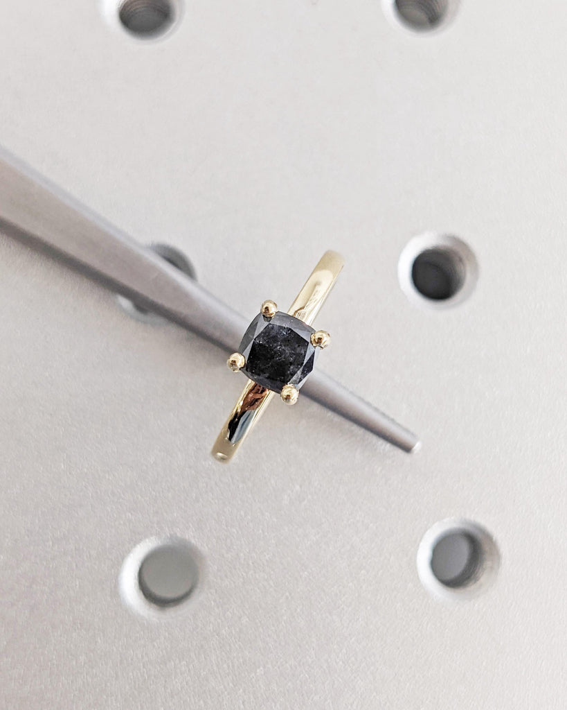 1920's Raw Salt and Pepper Diamond, Rose Cut Cushion Diamond Ring, Unique Engagement, Black, Gray Pear, 14k Yellow, Rose, or White Gold