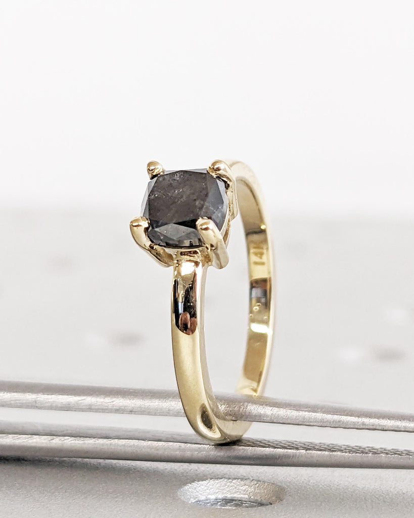 1920's Raw Salt and Pepper Diamond, Rose Cut Cushion Diamond Ring, Unique Engagement, Black, Gray Pear, 14k Yellow, Rose, or White Gold