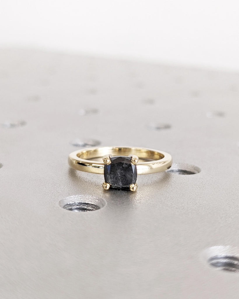 1920's Raw Salt and Pepper Diamond, Rose Cut Cushion Diamond Ring, Unique Engagement, Black, Gray Pear, 14k Yellow, Rose, or White Gold