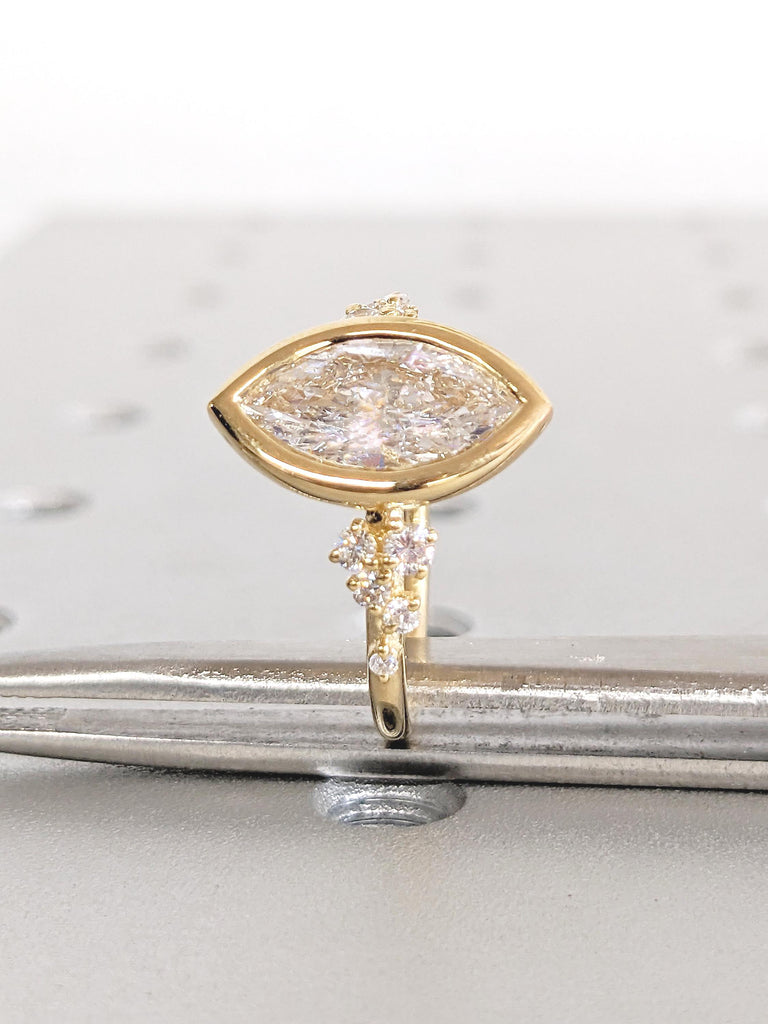 Marquise Cut Moissanite Engagement Ring, 18k Solid Gold Diamond Cluster Ring, Bezel Set Ring