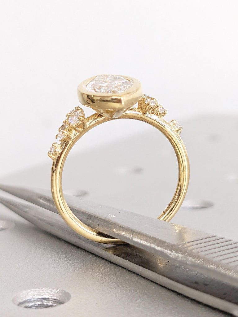 Marquise Cut Moissanite Engagement Ring, 18k Solid Gold Diamond Cluster Ring, Bezel Set Ring