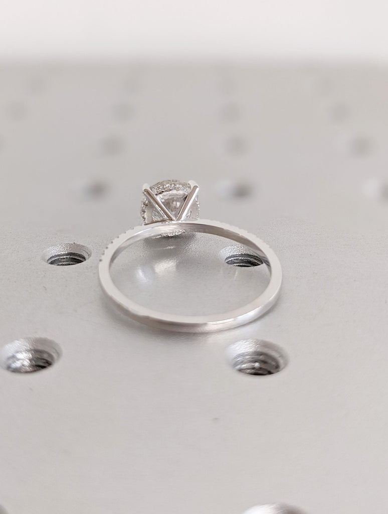 Round Cut Moissanite Engagement Ring | Hidden Halo Setting | Half Eternity Pave Band with Side Stones | 14K White Gold Classic Wedding Ring