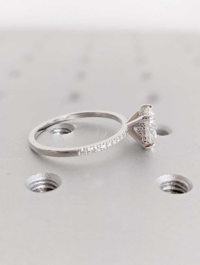 Round Cut Moissanite Engagement Ring | Hidden Halo Setting | Half Eternity Pave Band with Side Stones | 14K White Gold Classic Wedding Ring