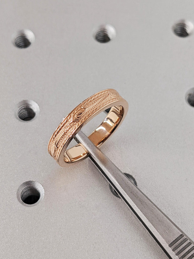 Hand Engraved Rose Gold Men's Engagement Ring, 14K Rose Gold Scroll Engraved Wedding Ring, Vintage Texture 4.5MM Band, Unique Men's Jewelry