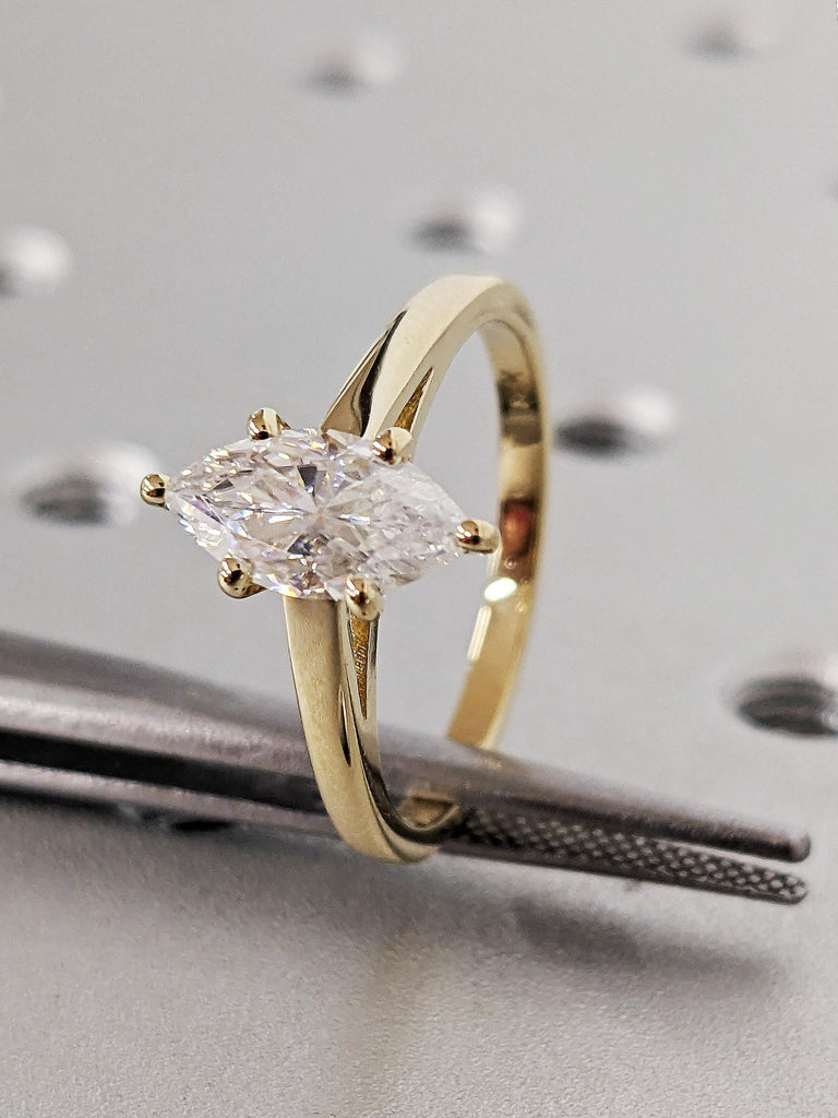 Marquise Cut Moissanite Cathedral Engagement Solitaire Ring, 14k 18K Yellow Gold Vintage Wide Band Statement Ring, Classic Gold Wedding Ring