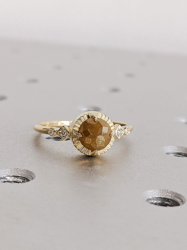Unique Round Cut Raw Salt and Pepper Brown Diamond Engagement Ring, 14K Solid Yellow Gold Talon Prong Wedding Ring, Vintage Rose Cut Diamond
