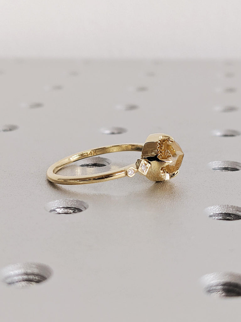 Unique Round Cut Raw Salt and Pepper Brown Diamond Engagement Ring, 14K Solid Yellow Gold Talon Prong Wedding Ring, Vintage Rose Cut Diamond
