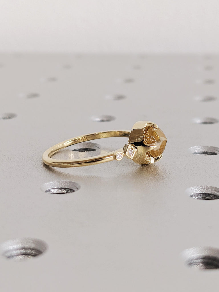 Salt and Pepper Diamond Engagement Ring, Rare Round Cut Brown Diamond Wedding Band 14K Yellow Gold Talon Prong Setting