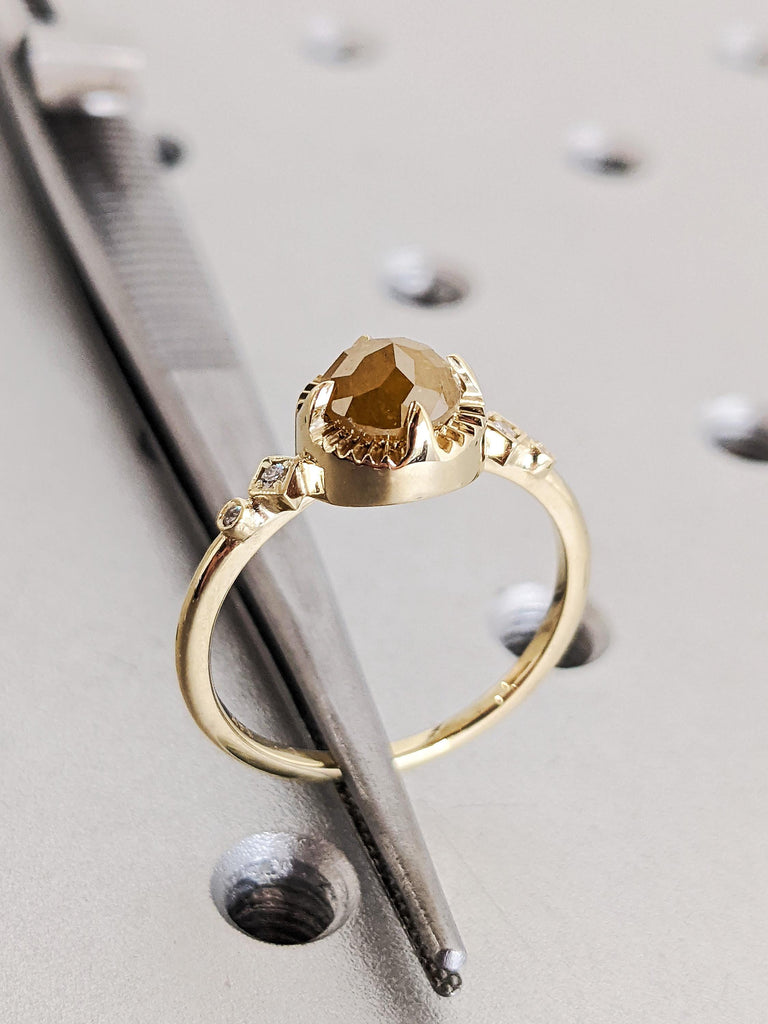 Unique Round Cut Raw Salt and Pepper Brown Diamond Engagement Ring, 14K Solid Yellow Gold Talon Prong Wedding Ring, Vintage Rose Cut Diamond