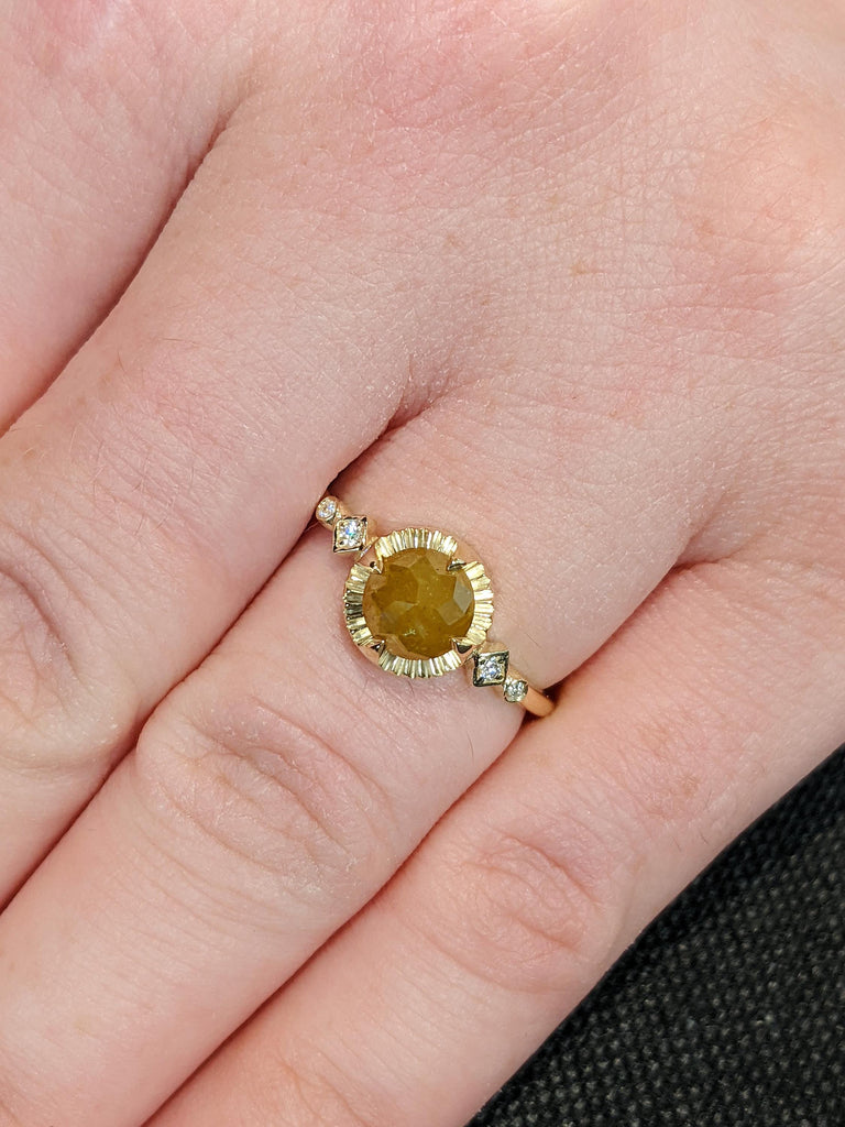 Unique Round Cut Raw Salt and Pepper Brown Diamond Engagement Ring, 14K Solid Yellow Gold Talon Prong Wedding Ring, Vintage Rose Cut Diamond