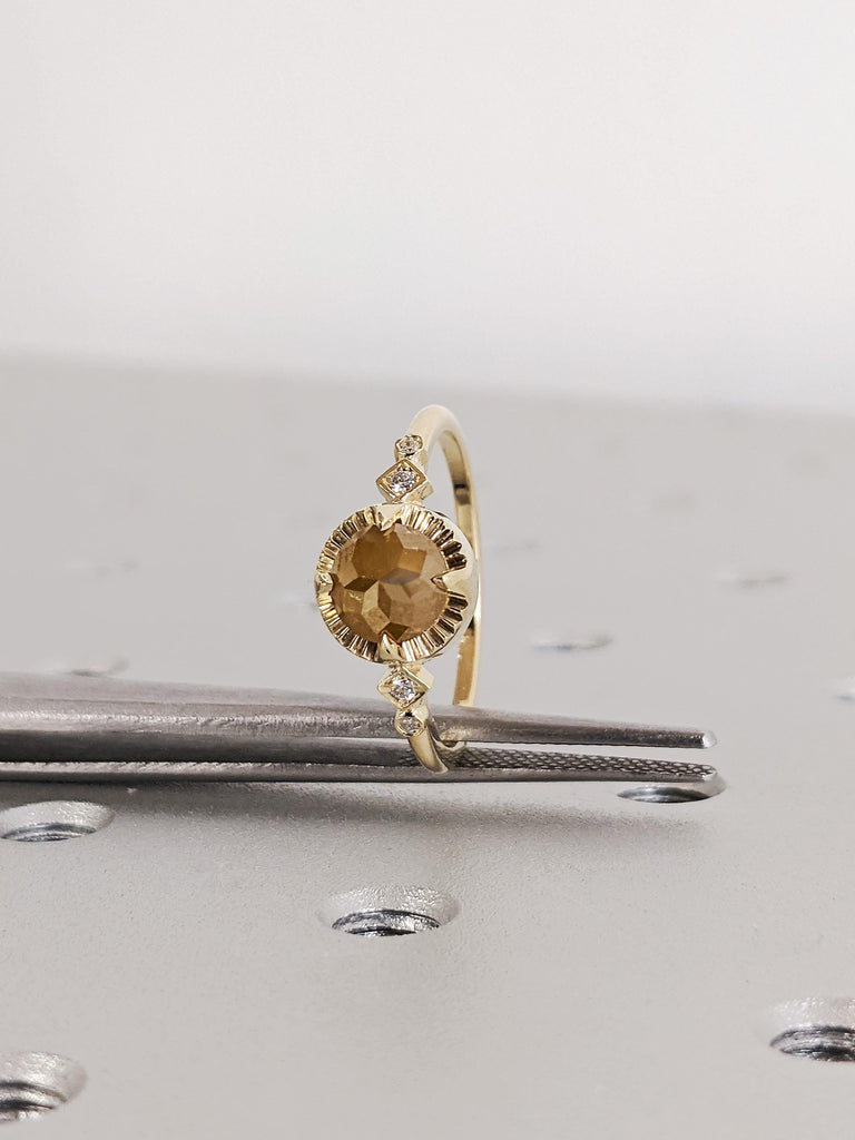 Unique Round Cut Raw Salt and Pepper Brown Diamond Engagement Ring, 14K Solid Yellow Gold Talon Prong Wedding Ring, Vintage Rose Cut Diamond