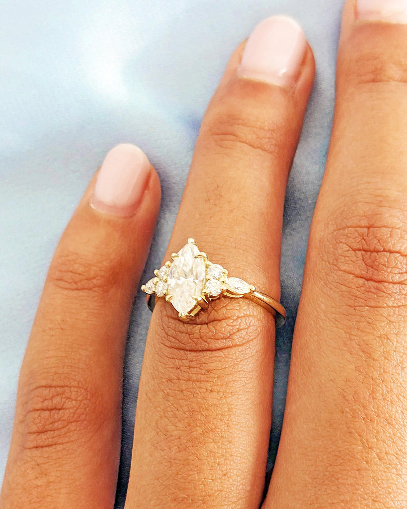 Marquise Moissanite Engagement Ring, Moissanite Accent Wedding Ring, Marquise Solitaire, 14K Solid Gold Marquise Cluster Ring, Gift For Wife