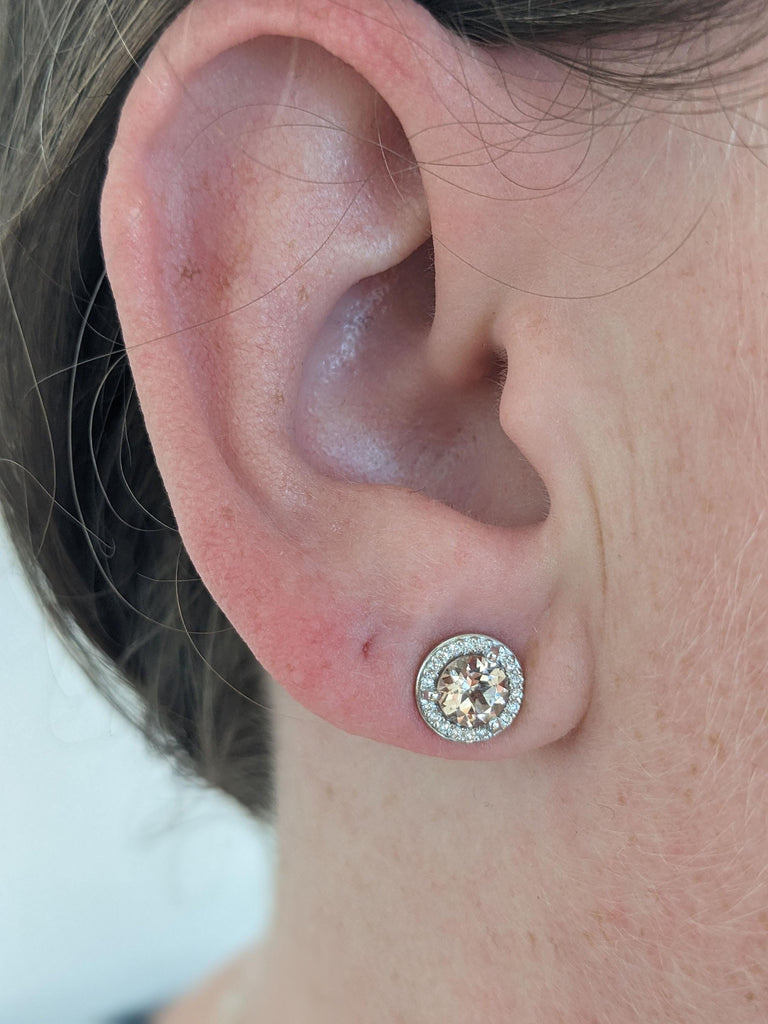 Lab Morganite and Moissanite Halo Wedding Earrings for Her | 14k 18k White Gold Round Studs Earrings | Blush Pink Morganite Studs Earrings