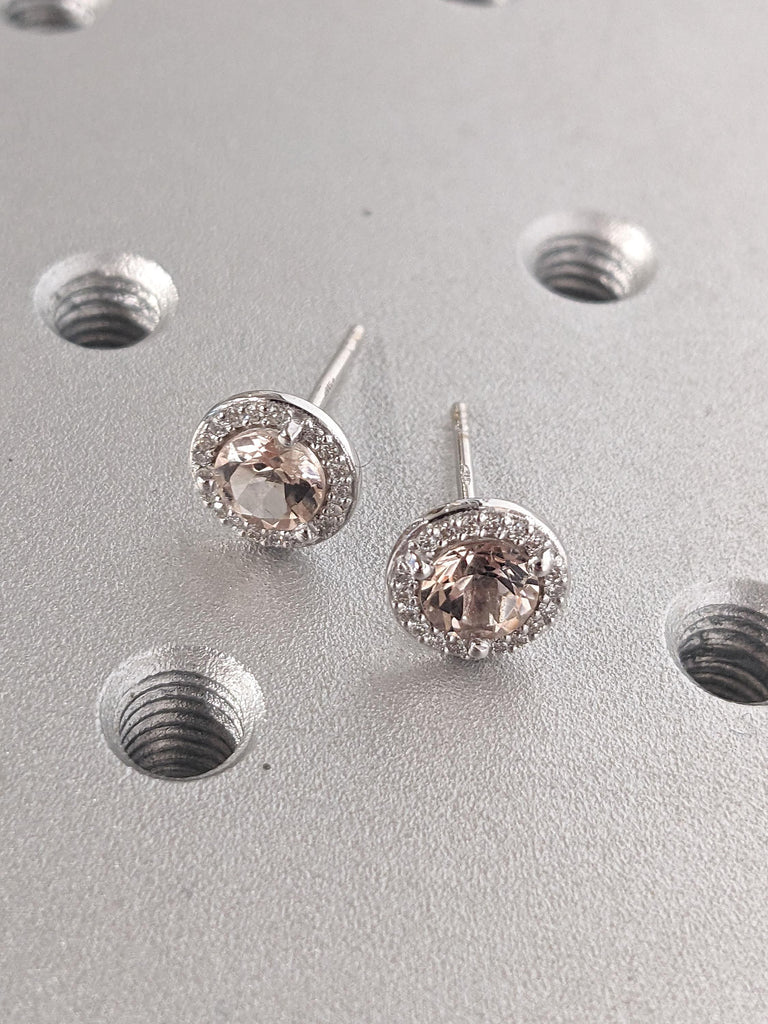 Diamond Halo Earrings | Brilliant Round Morganite Earring | 14k White Gold Women Stud Earrings | Natural Diamond Earrings | Everyday Earring