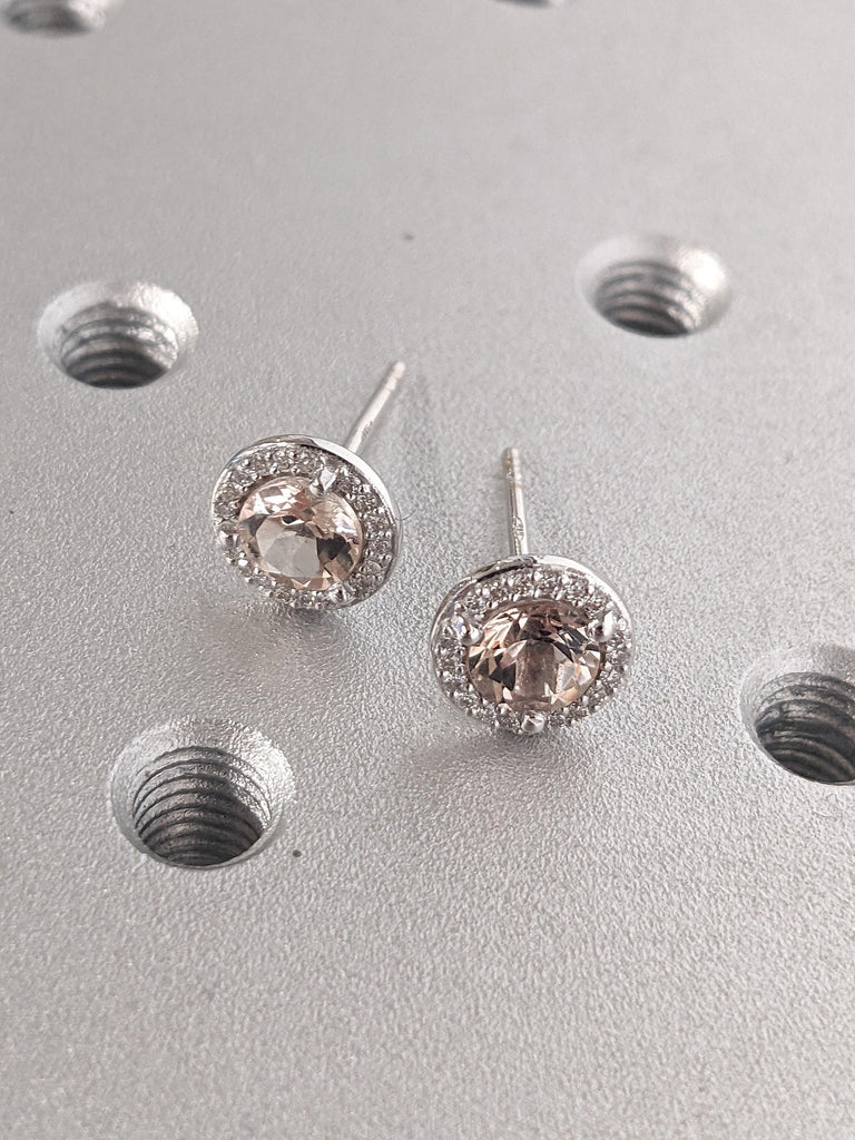 Lab Morganite and Moissanite Halo Wedding Earrings for Her | 14k 18k White Gold Round Studs Earrings | Blush Pink Morganite Studs Earrings