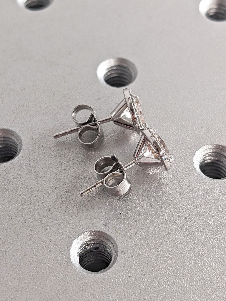 Lab Morganite and Moissanite Halo Wedding Earrings for Her | 14k 18k White Gold Round Studs Earrings | Blush Pink Morganite Studs Earrings