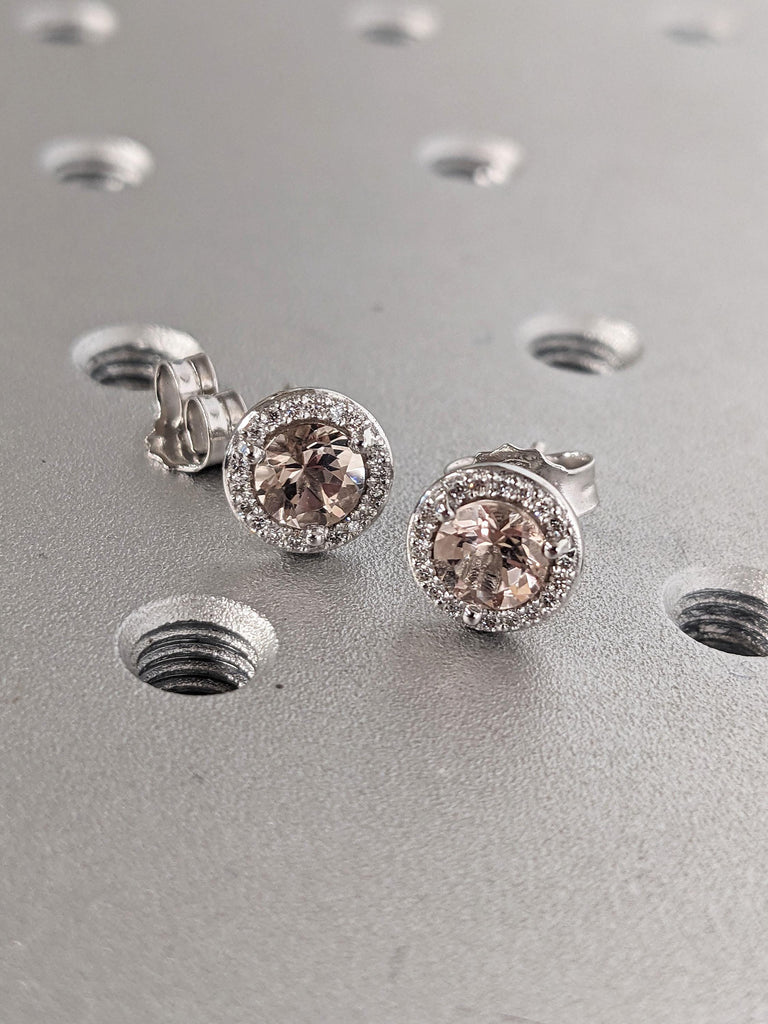 1-2 Carat Morganite Round Halo Earrings, Solid Gold Halo Bridal Studs, Wedding Earrings, Screw Back Earrings, Pink Morganite Studs Earring for Her
