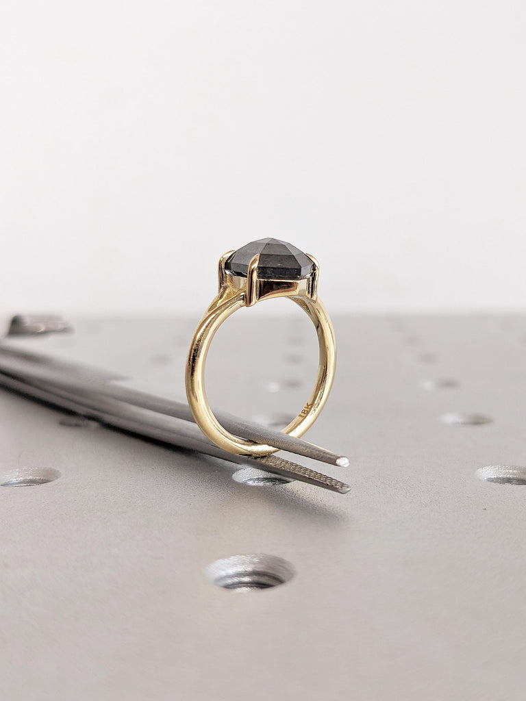Split Shank Engagement Ring, Vintage Salt and Pepper Diamond Ring, 18k Solid Gold Ring, Hexagon Diamond Ring, Personalized Statement Ring