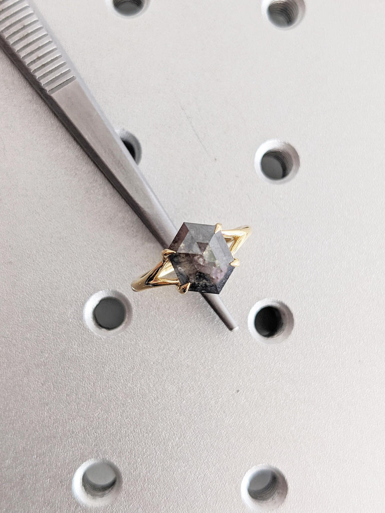 Salt and Pepper Diamond Engagement Ring, 14k/18k Yellow Gold Hexagon Ring, Split Shank Ring, Solitaire Ring, Handmade Rings, Minimalist Ring
