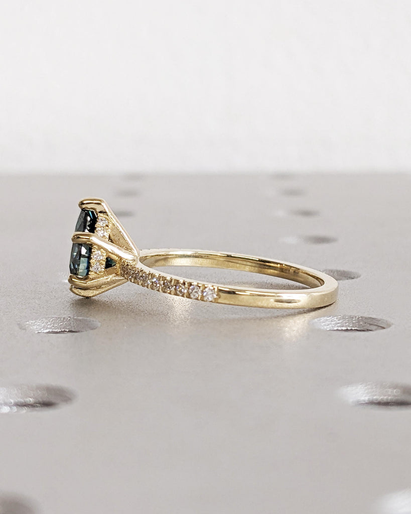 Green Colored Moissanite Ring, Vintage Pear Cut Engagement Ring, Pavé Diamond Hidden Halo Ring, 14K Solid Yellow Gold