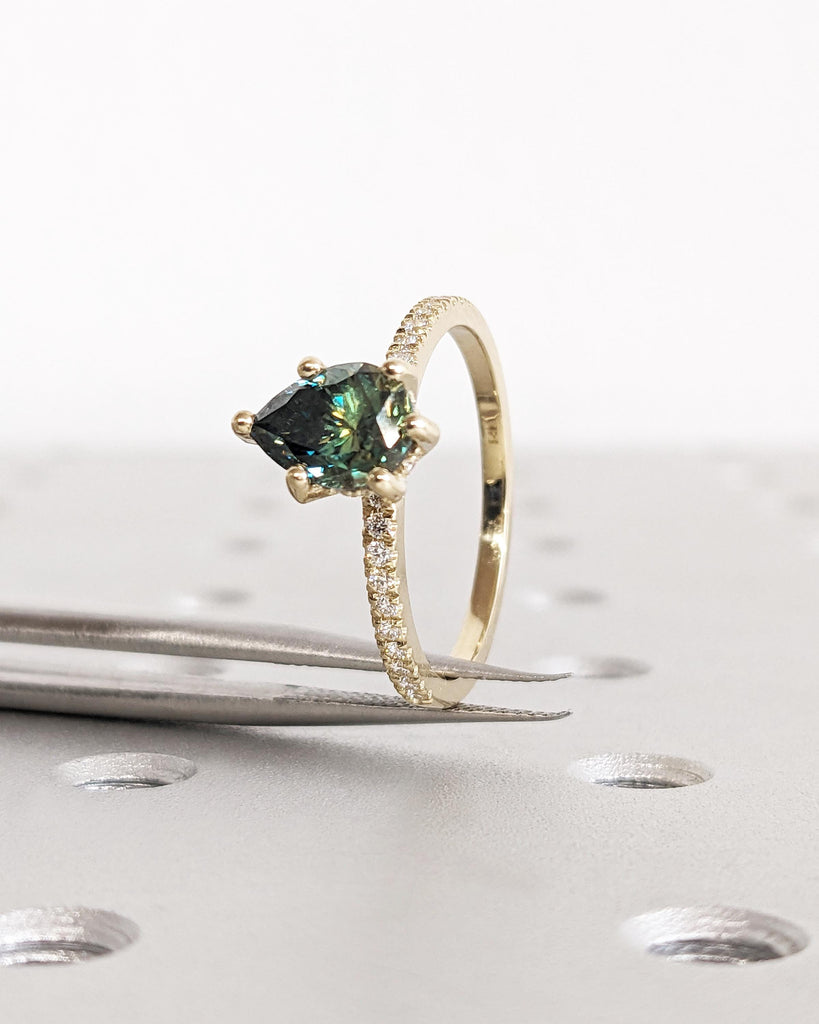 Colored Moissanite Engagement, Green Moissanite Ring, Vintage Blue-Green Pear Engagement Ring, Green Color Moissanite, Diamond Hidden Halo