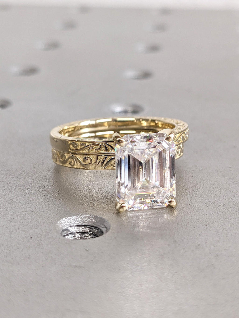 Vintage Filigree Wedding Ring | 14k Yellow Gold Lab Diamond Stacking Wedding Band | Handmade Engraving Moissanite Bridal Ring For Women