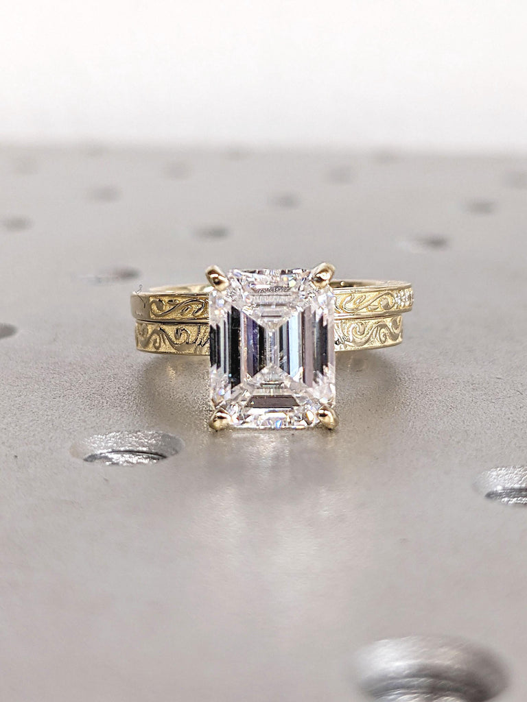 Certified Lab Diamond and Moissanite Engagement Ring Set | 14k Solid Gold Ring | Hand Engrave Filigree Wedding Ring | Antique Proposal Ring image #2