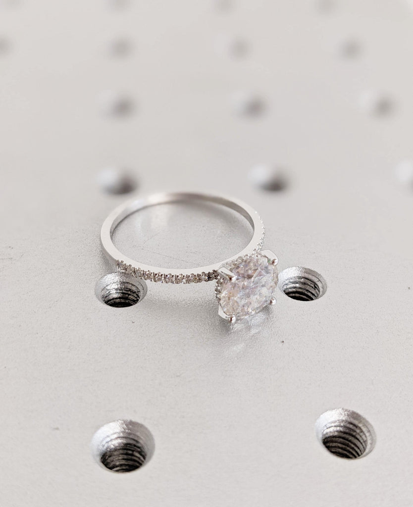 Lab Diamond Engagement Ring with Round Cut Center | Hidden Halo Setting | Half Eternity Pave Band | 14K White Gold Wedding Ring for Brides