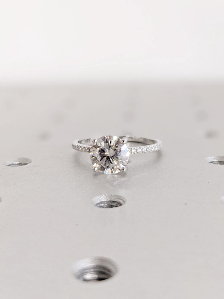 Lab Diamond Engagement Ring with Round Cut Center, Hidden Halo Design, Half Eternity 14K White Gold Bridal Ring
