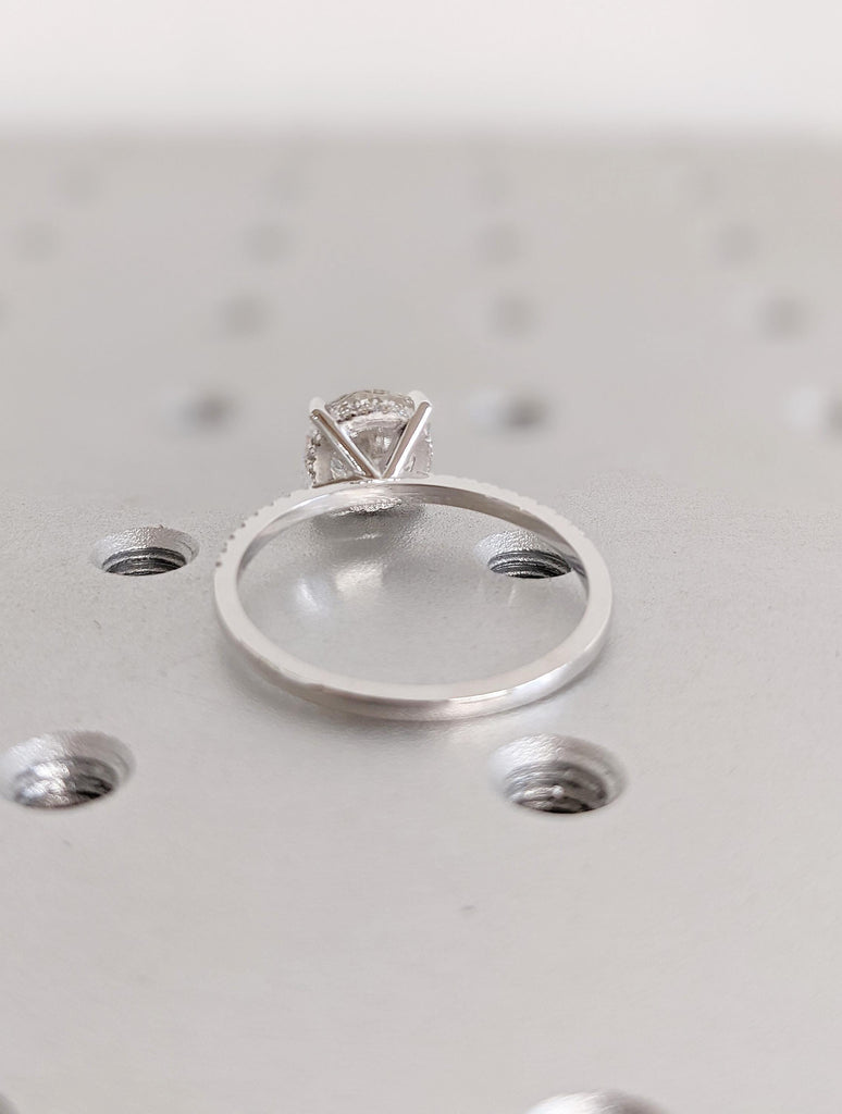 Lab Diamond Engagement Ring with Round Cut Center | Hidden Halo Setting | Half Eternity Pave Band | 14K White Gold Wedding Ring for Brides